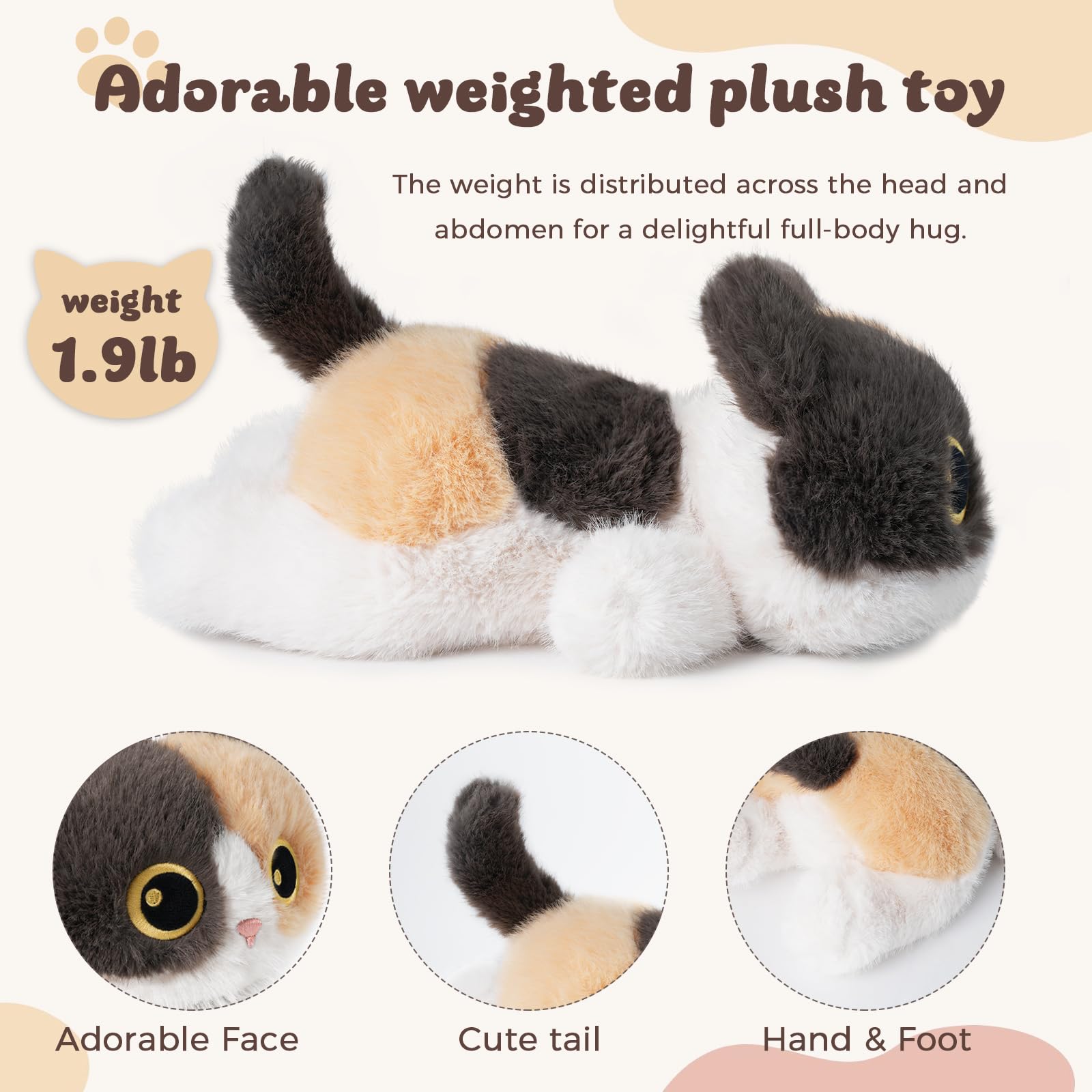 YOUBLEK Calico Cat plush in cozy snuggle pose for relaxation.