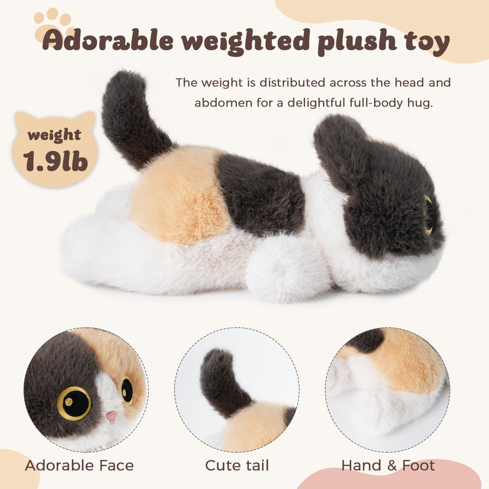YOUBLEK Calico Cat plush in cozy snuggle pose for relaxation.