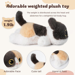 YOUBLEK Calico Cat plush in cozy snuggle pose for relaxation.