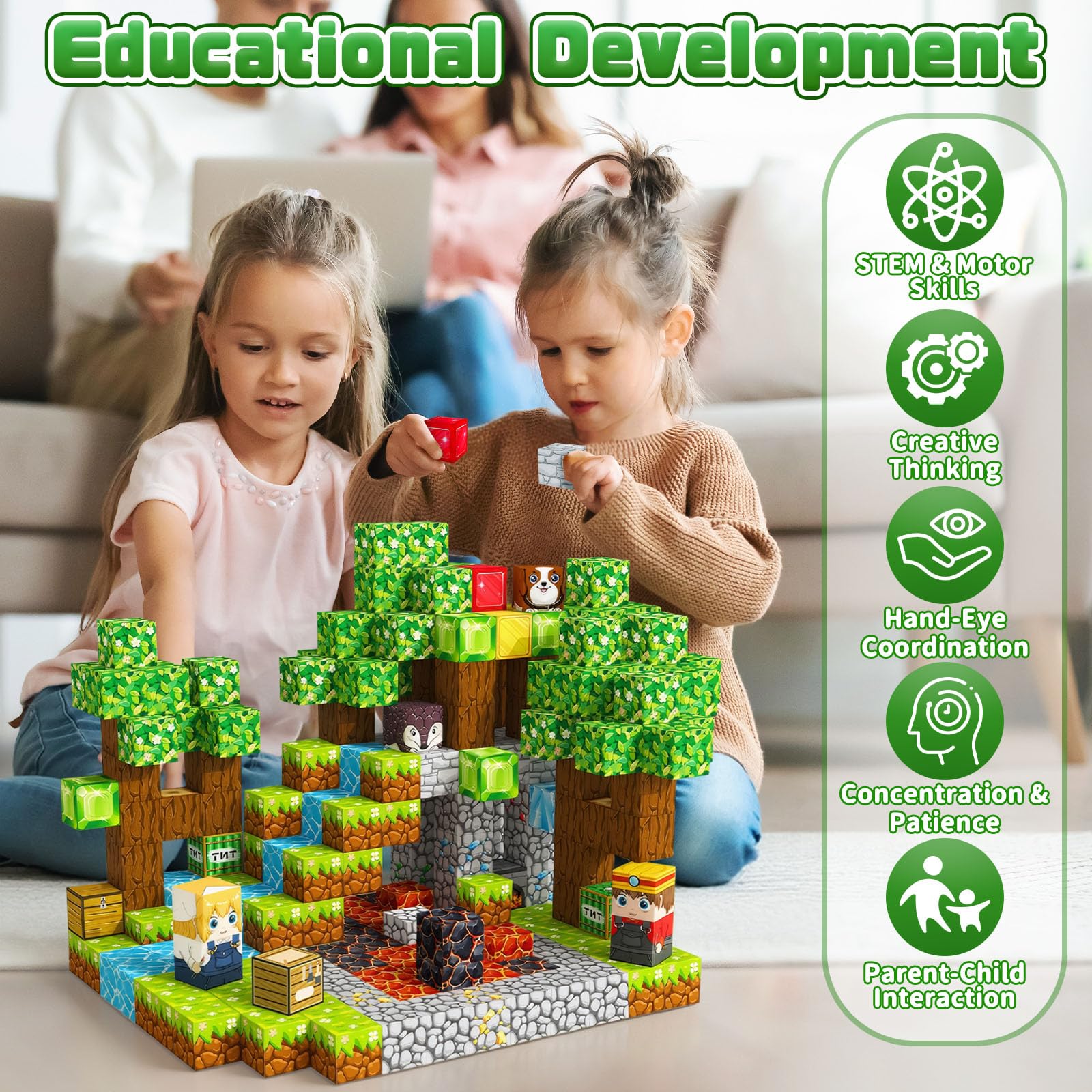 Youngyes mine theme magnetic blocks encourage spatial thinking during building.