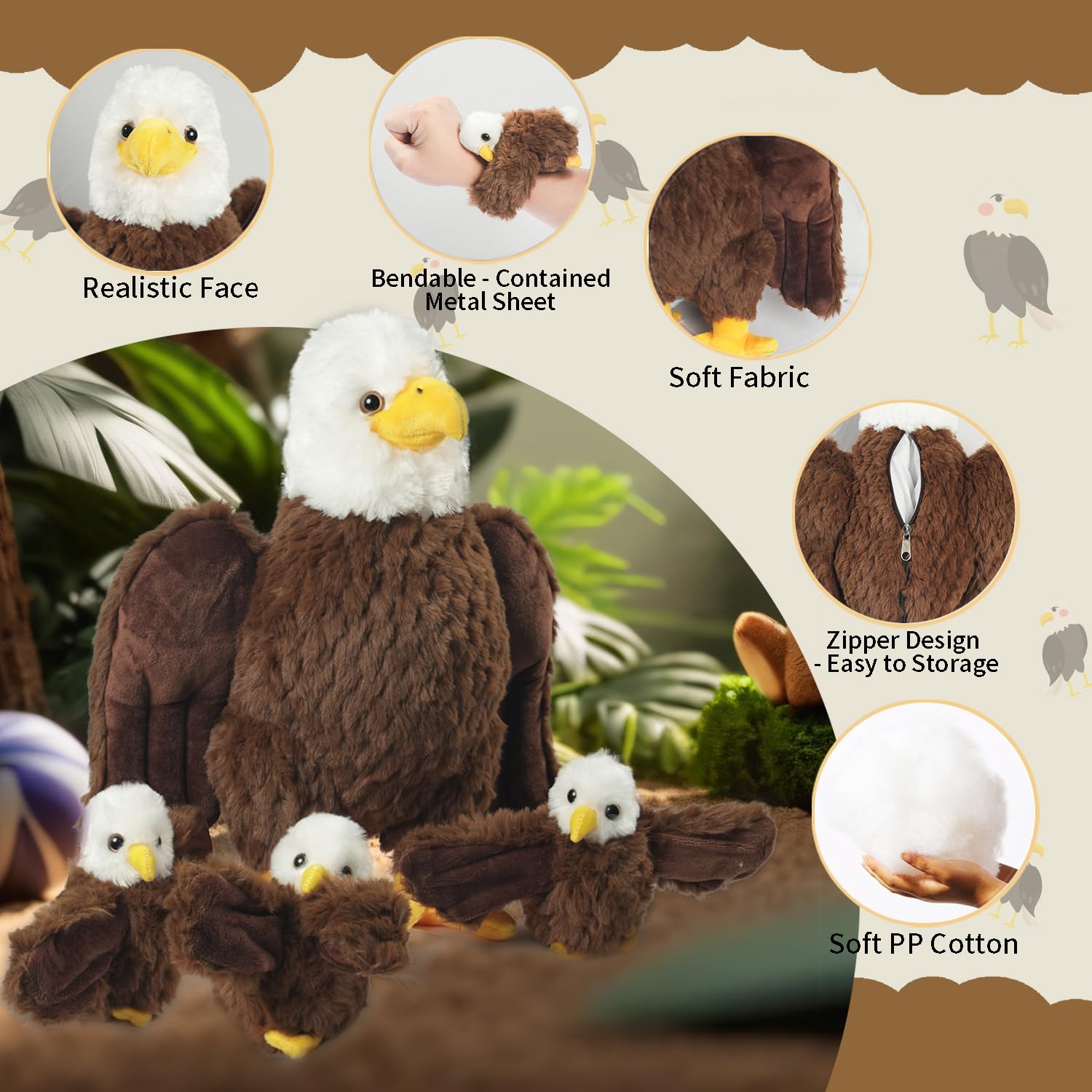 Youthfuljive baby bald eagle plush with three companions ready for storytelling