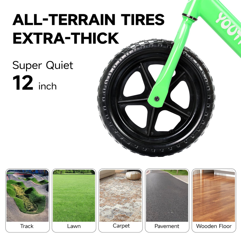 Youthkkee balance bike safety features with grips, padding, and sturdy tires