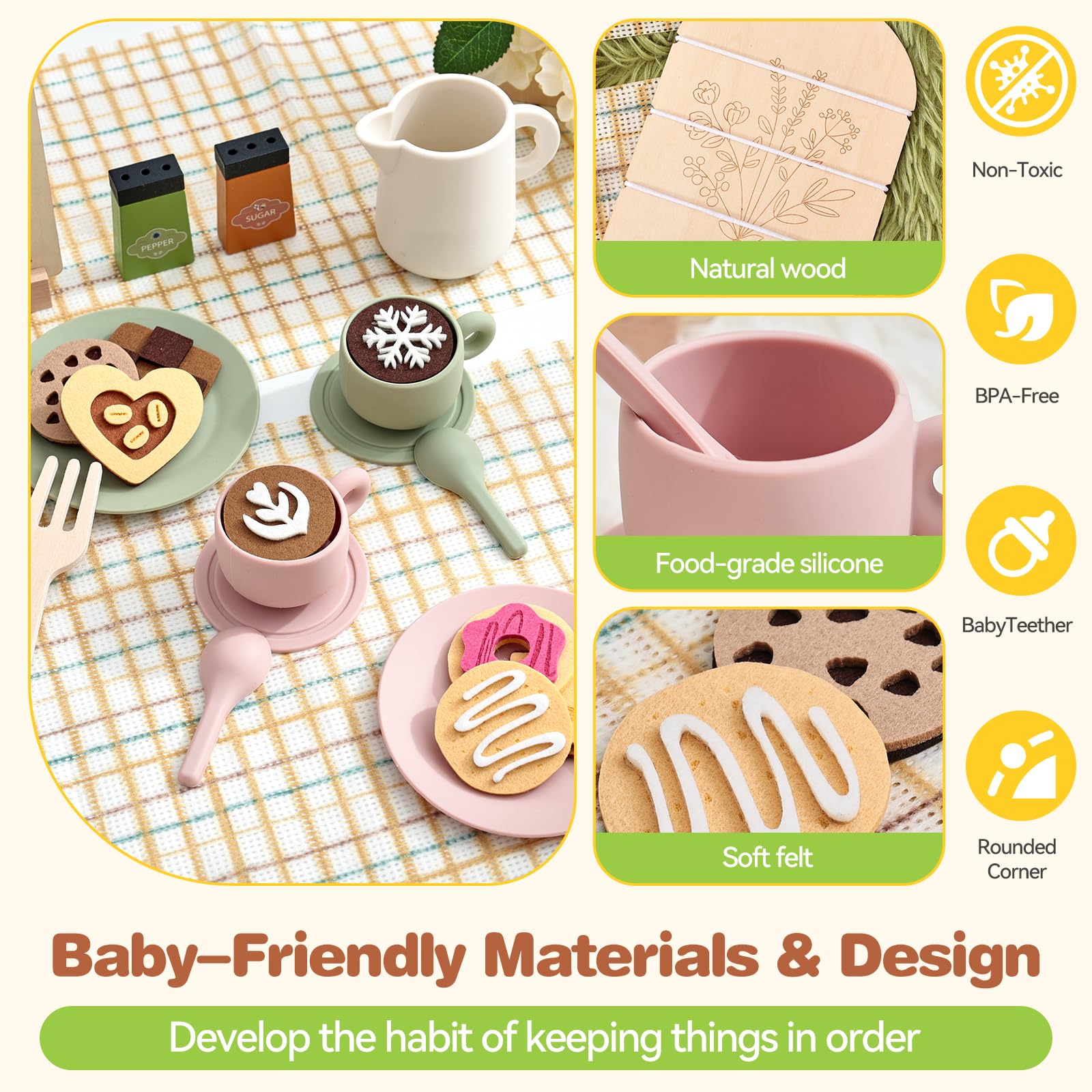 Youuys felt latte art decorates imaginary drinks during tea parties.