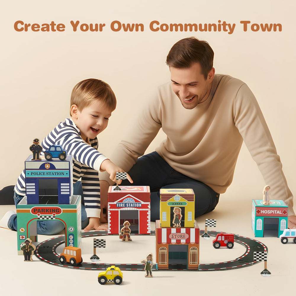 Youuys fire station nesting scene supports color and shape recognition during earlier learning moments.