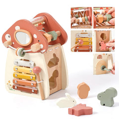 Youuys Mushroom Activity Cube bead winding engages fine motor skills during play.