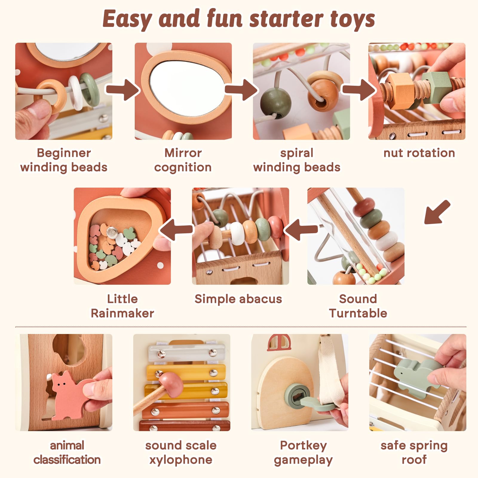 Youuys Mushroom Activity Cube spiral beads improve hand-eye coordination in toddlers.