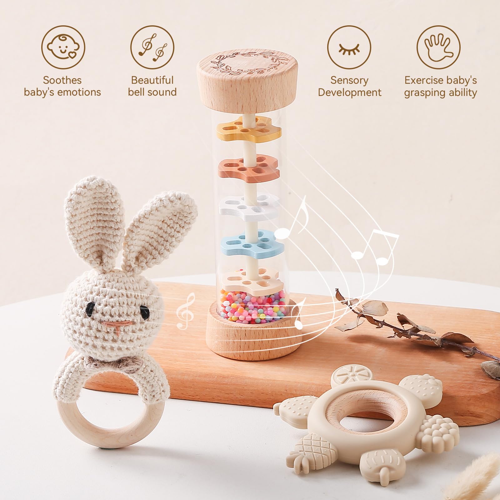 Youuys rain-maker rattle produces soothing rain-like sounds for calming babies.