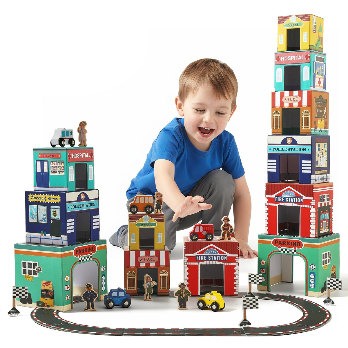 Youuys 3-in-1 sort-stack toy with nesting boxes featuring a fire station scene for imaginative play.