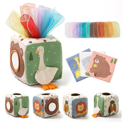 Youuys tissue box toy with pull out scarves for engaging fine motor play.