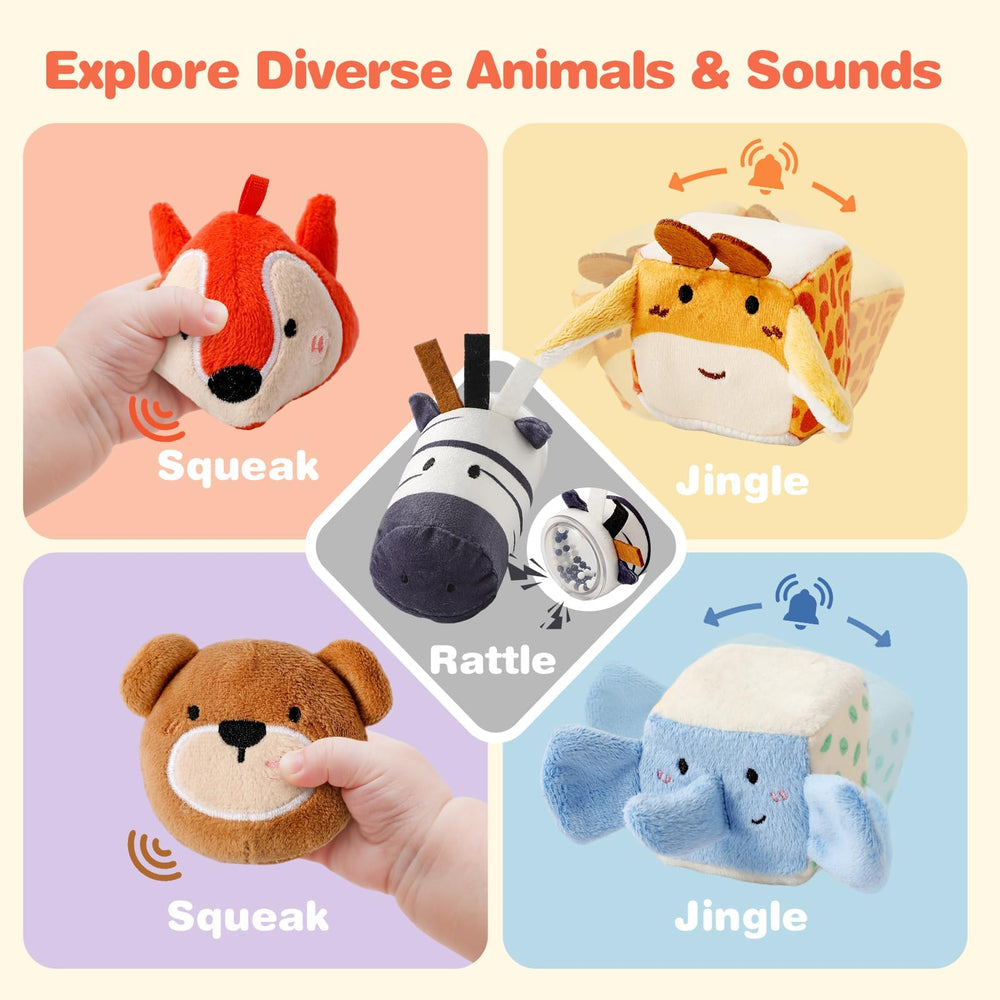 Bright colors and safe mirror stimulate visual tracking in a secure toy.
