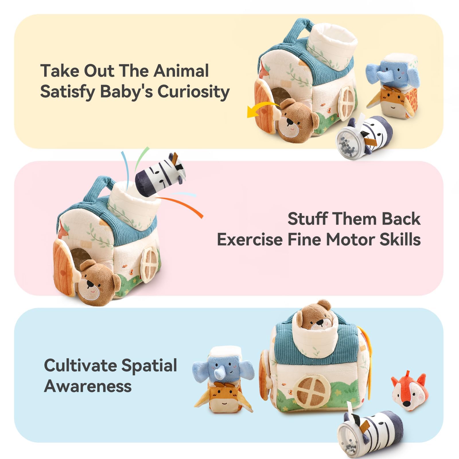 Soft corduroy texture and crinkle fabric engage tactile curiosity during play.