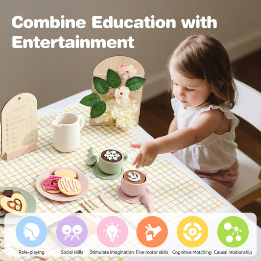 Youuys wooden tea party set dishes elevate pretend meals for kids at home.