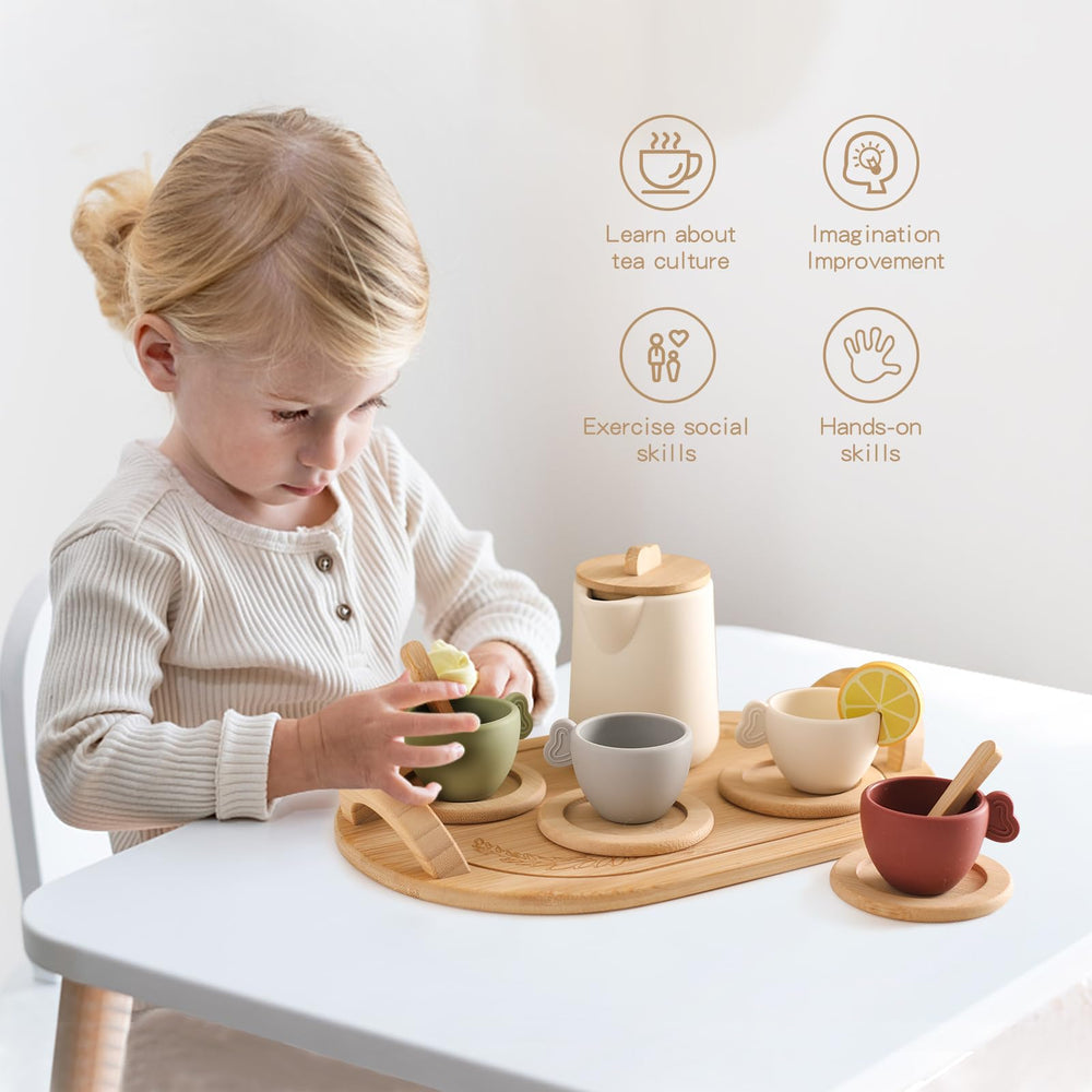 Youuys wooden tea party set silicone cups are shatter-resistant and easy to clean