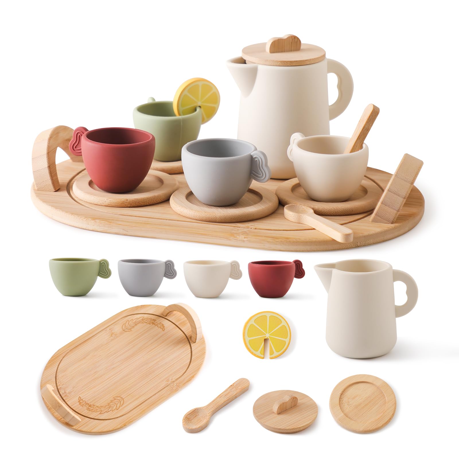 Youuys wooden tea party set teapot with lid for safe pretend play