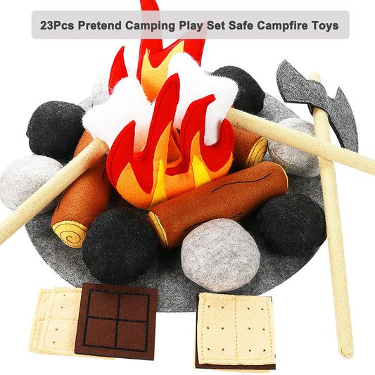 Yowlieu axe and marshmallow tool enhance safe, kid-friendly campfire role-play.