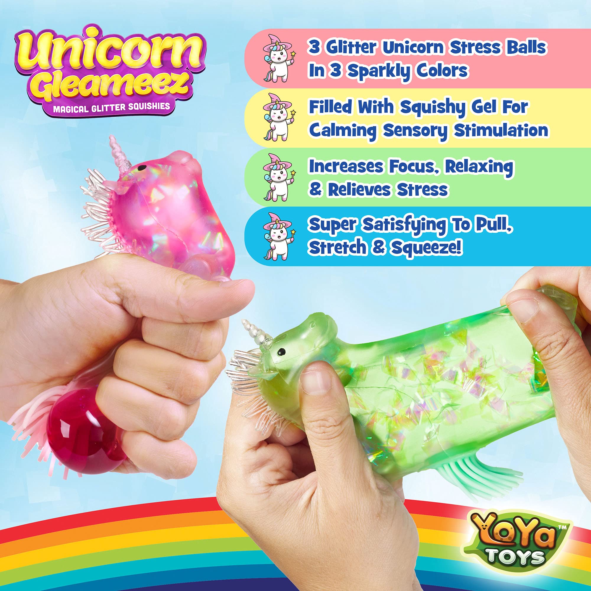 YoYa Glitter Unicorn DNA Ball trio pack demonstrates durable, mess-free fun