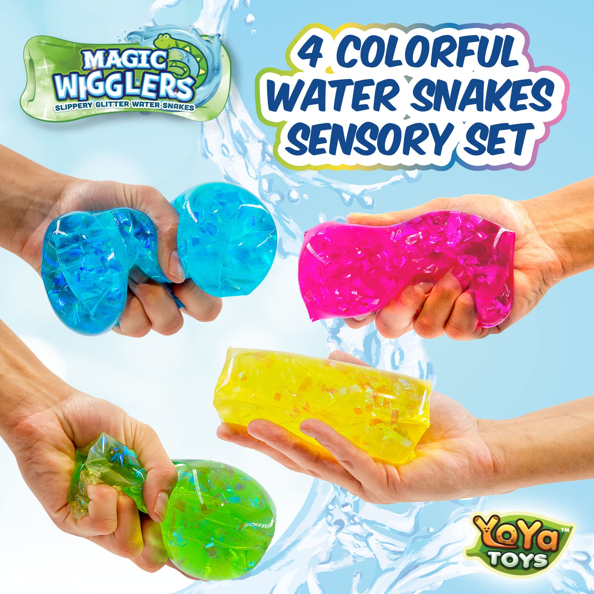 YoYa Toys Magic Wigglers Water Snake Fidget Toy bundle; close-up texture highlights squishy sensory feedback
