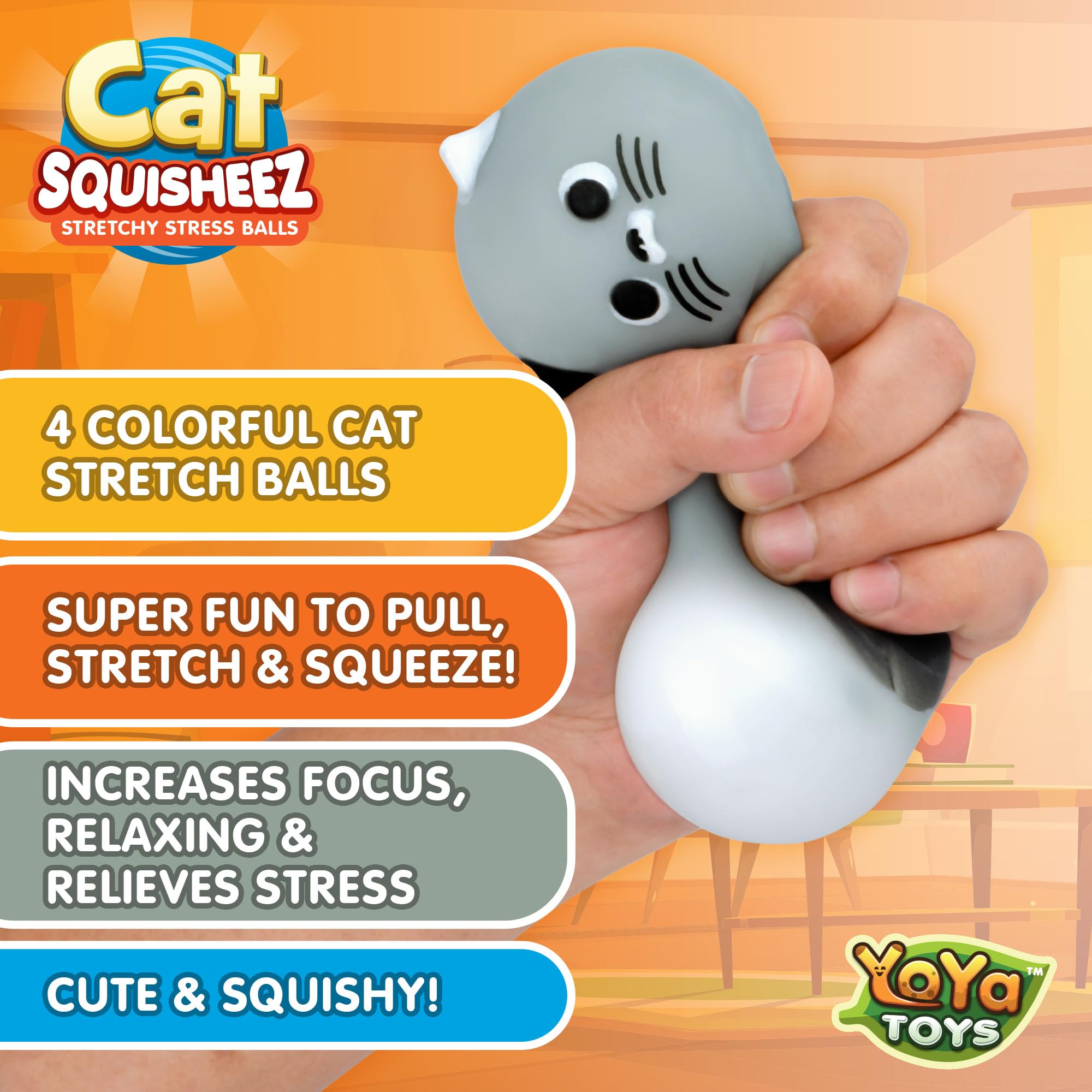 YoYa Toys Squisheez Cat stretchable texture invites stress-relief play and focus.