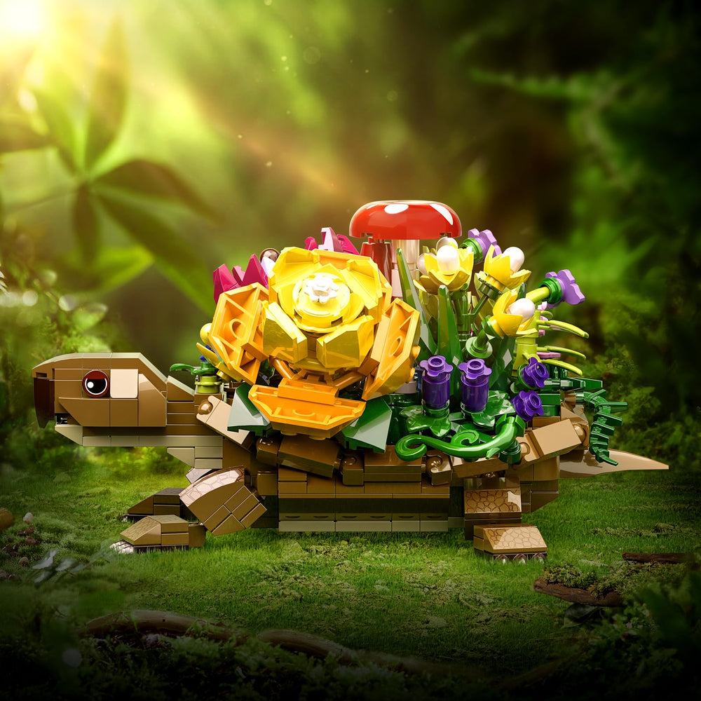 YOYBLOXY turtle flowerpot back detail with blossoms enhances whimsical home decor.