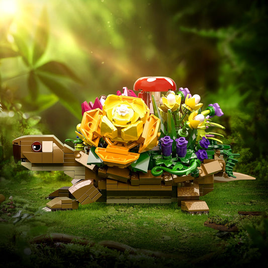 YOYBLOXY turtle flowerpot back detail with blossoms enhances whimsical home decor.