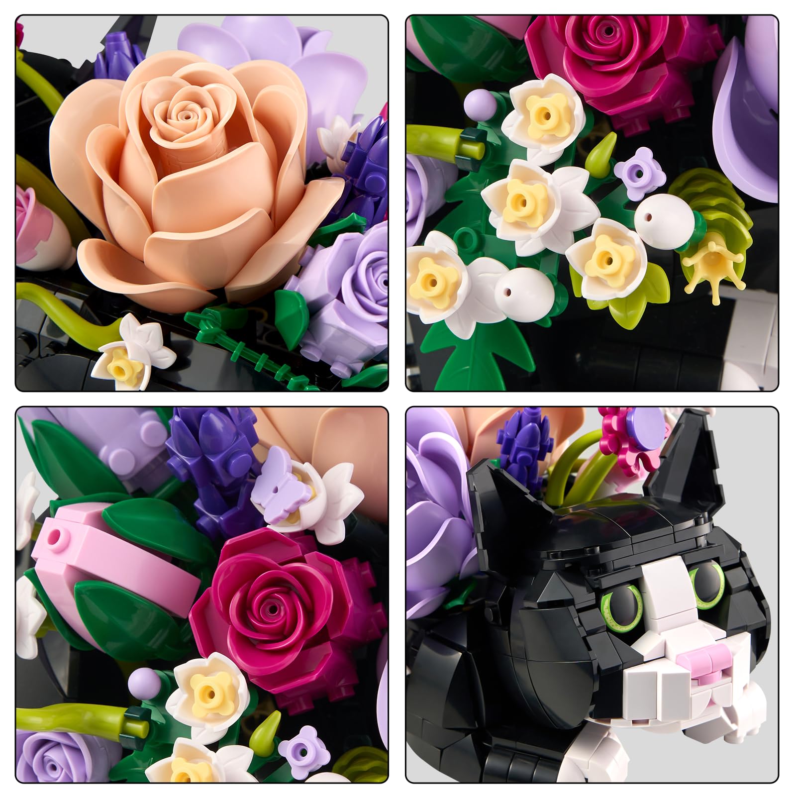 YOYBLOXY tuxedo-cat-rose-bouquet-detail highlighting cat features with flowers