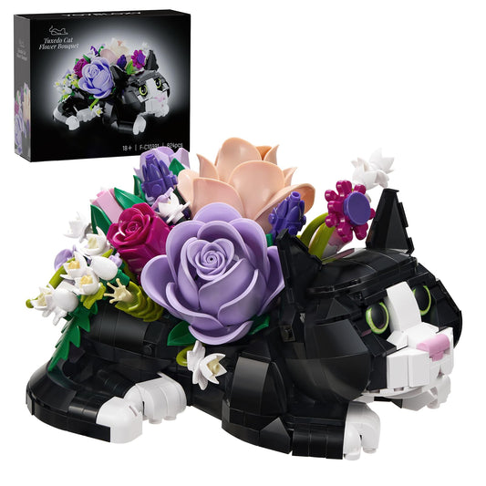 YOYBLOXY tuxedo-cat-rose-bouquet-planter, playful centerpiece with blooming flowers for decor