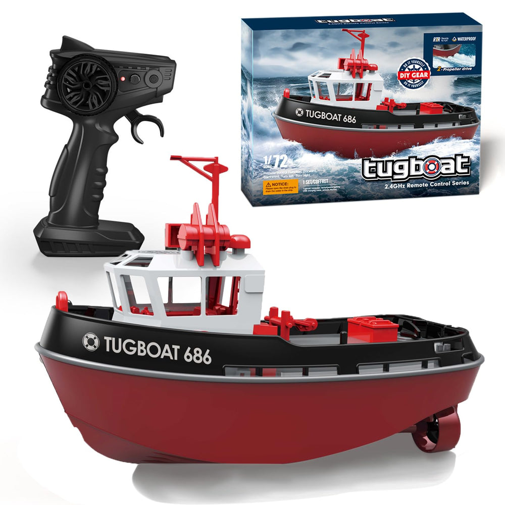 Yoyoom RC Tugboat front view highlighting robust propulsion for pools and lakes.