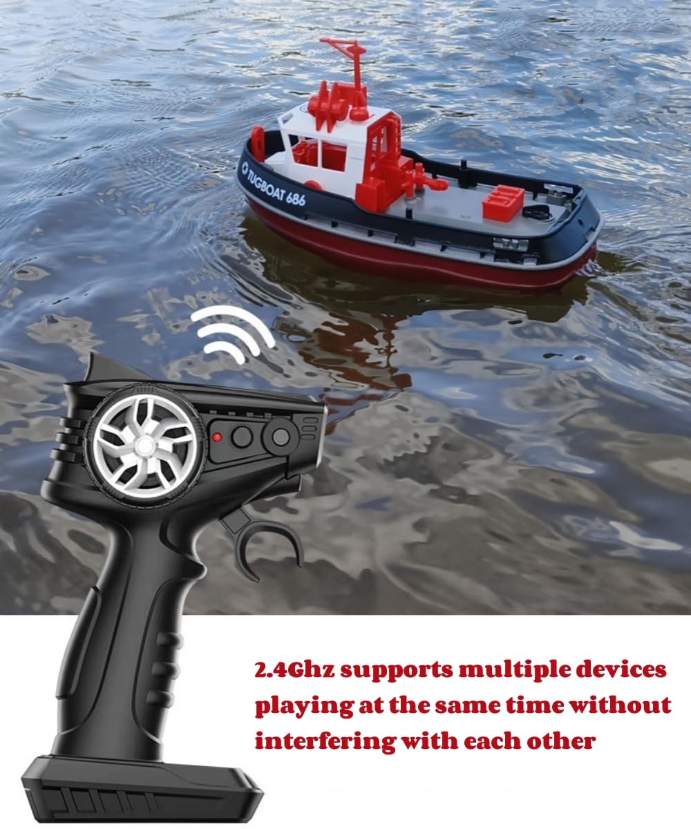 Yoyoom RC Tugboat on water with propellers in motion and splash.
