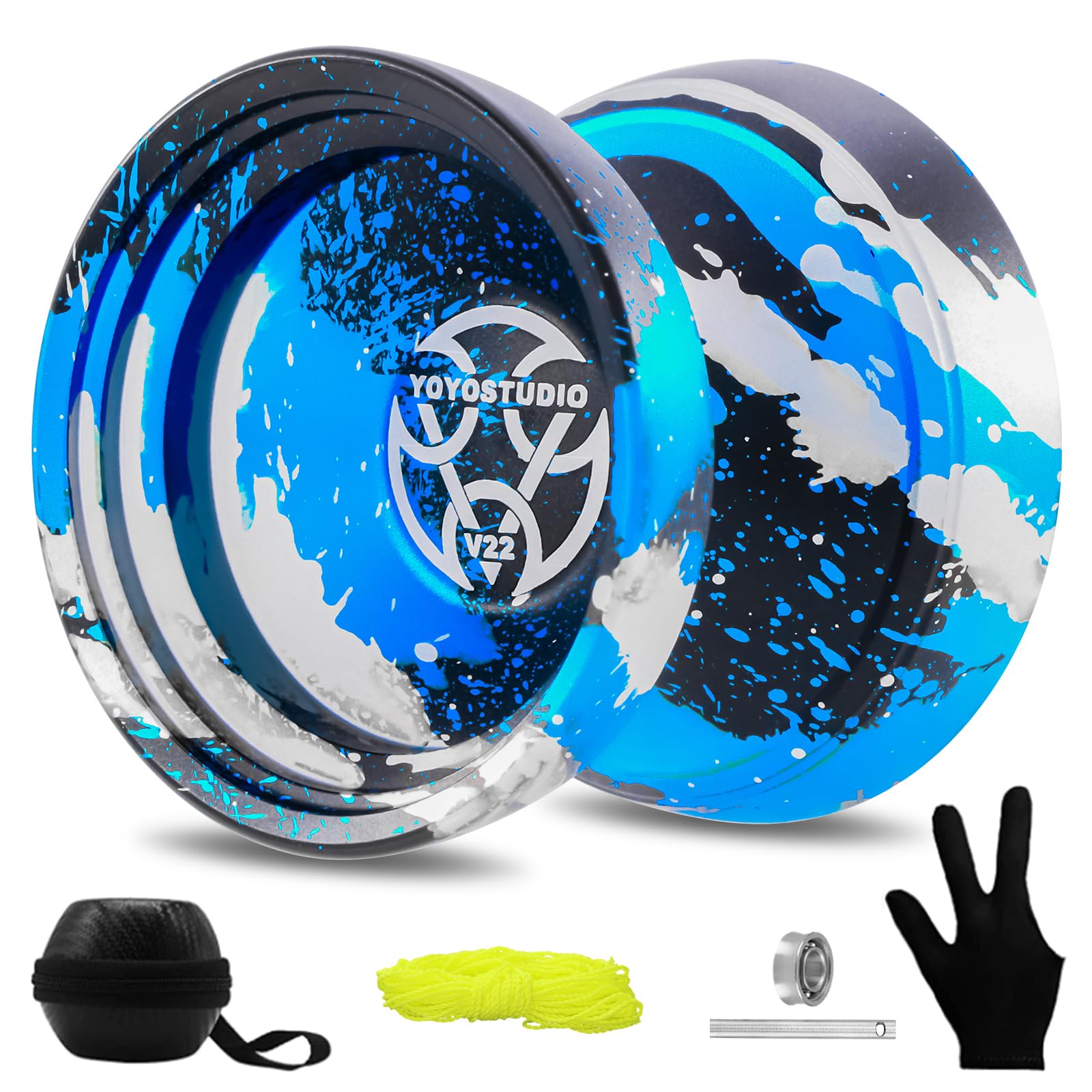 YOYOSTUDIO V22 yoyo front view showing balanced metal design for smooth tricks
