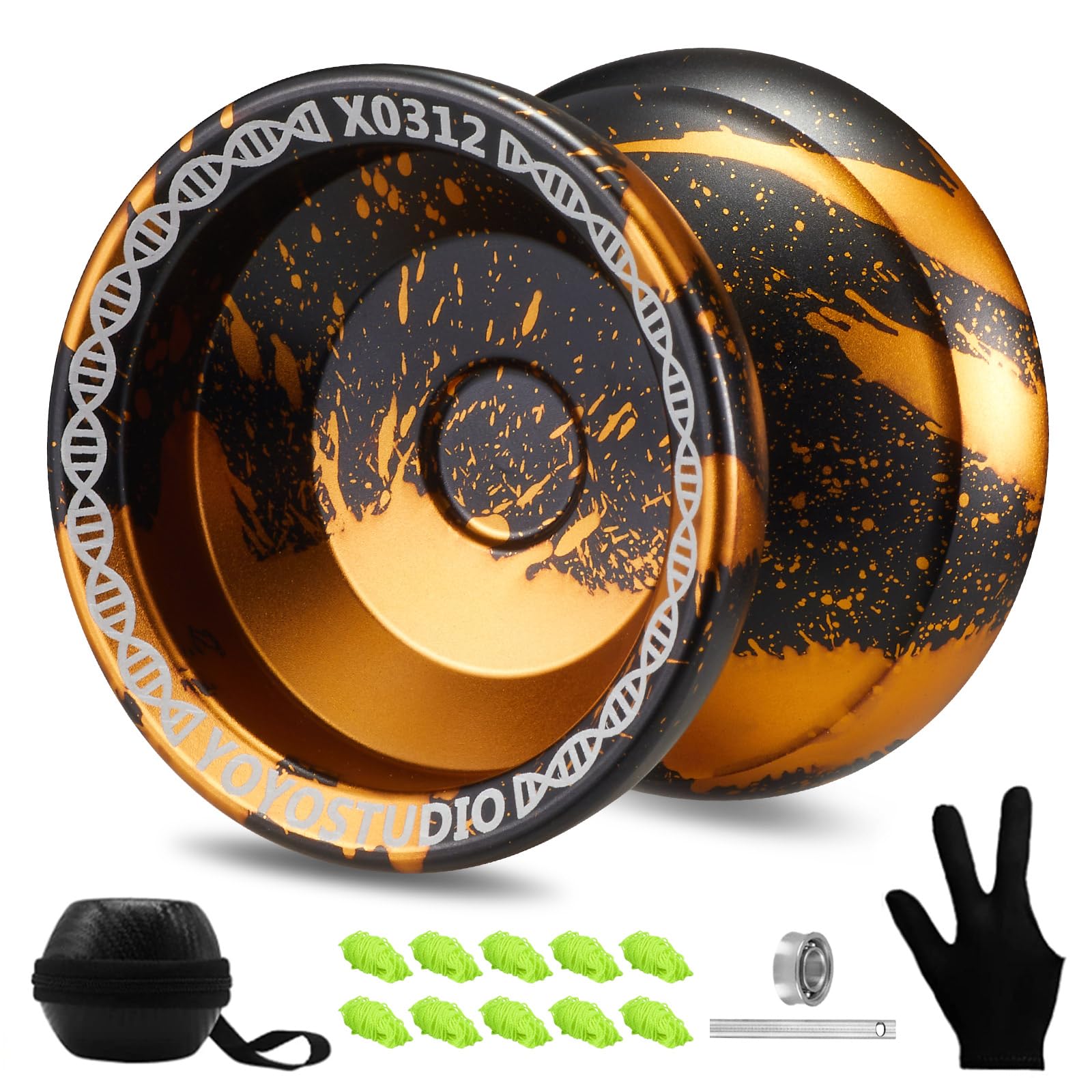 YOYOSTUDIO X0312 black and gold yoyo in box, showcasing premium construction.