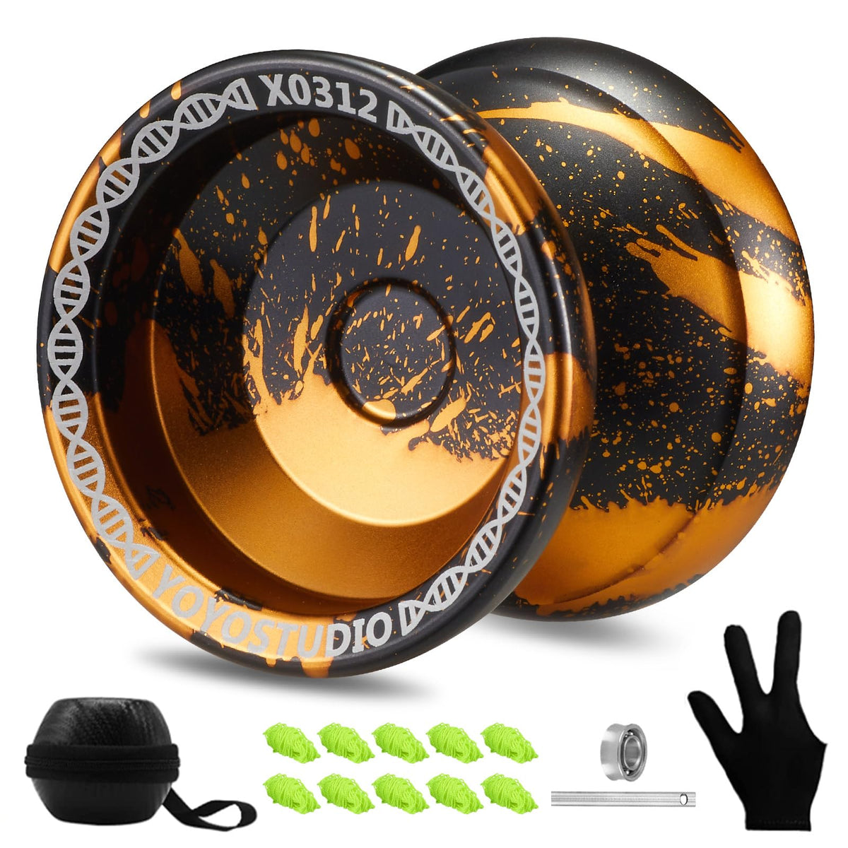 YOYOSTUDIO X0312 black and gold yoyo in box, showcasing premium construction.