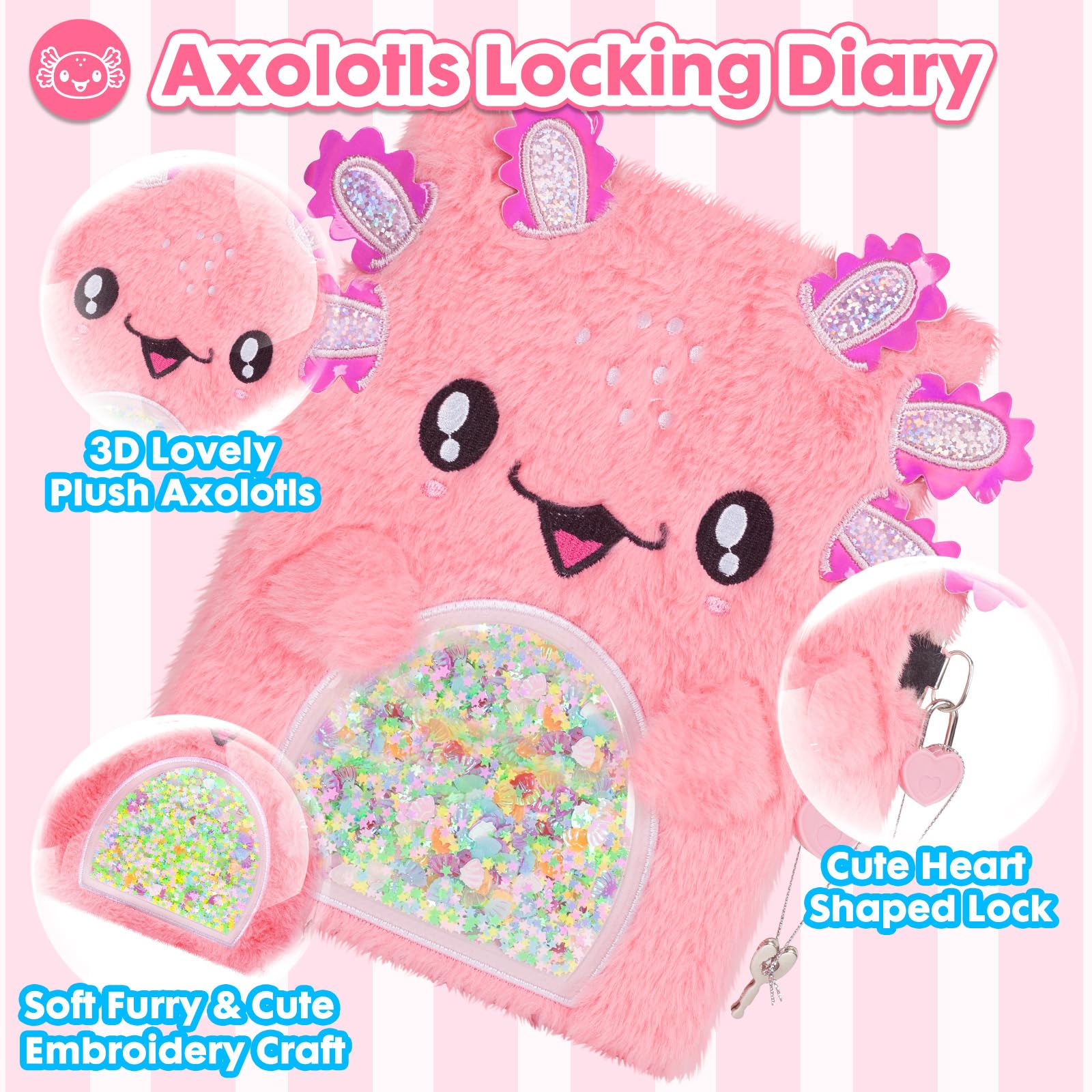 YOYTOO axolotl diary front featuring glitter embroidery for imagination