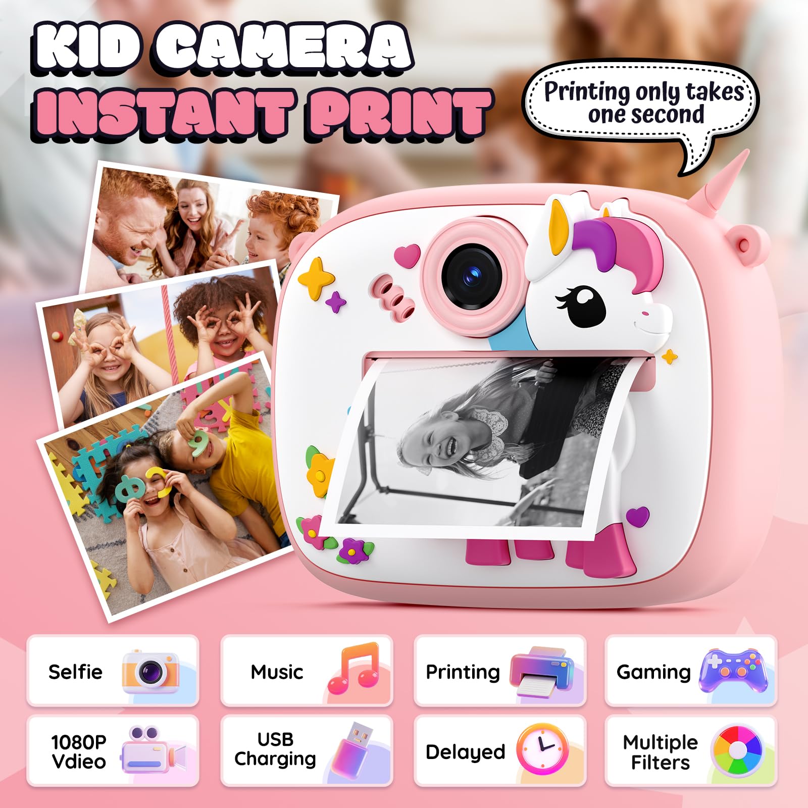 YOZISS Kids Camera silicone cover pink protects against drops during play