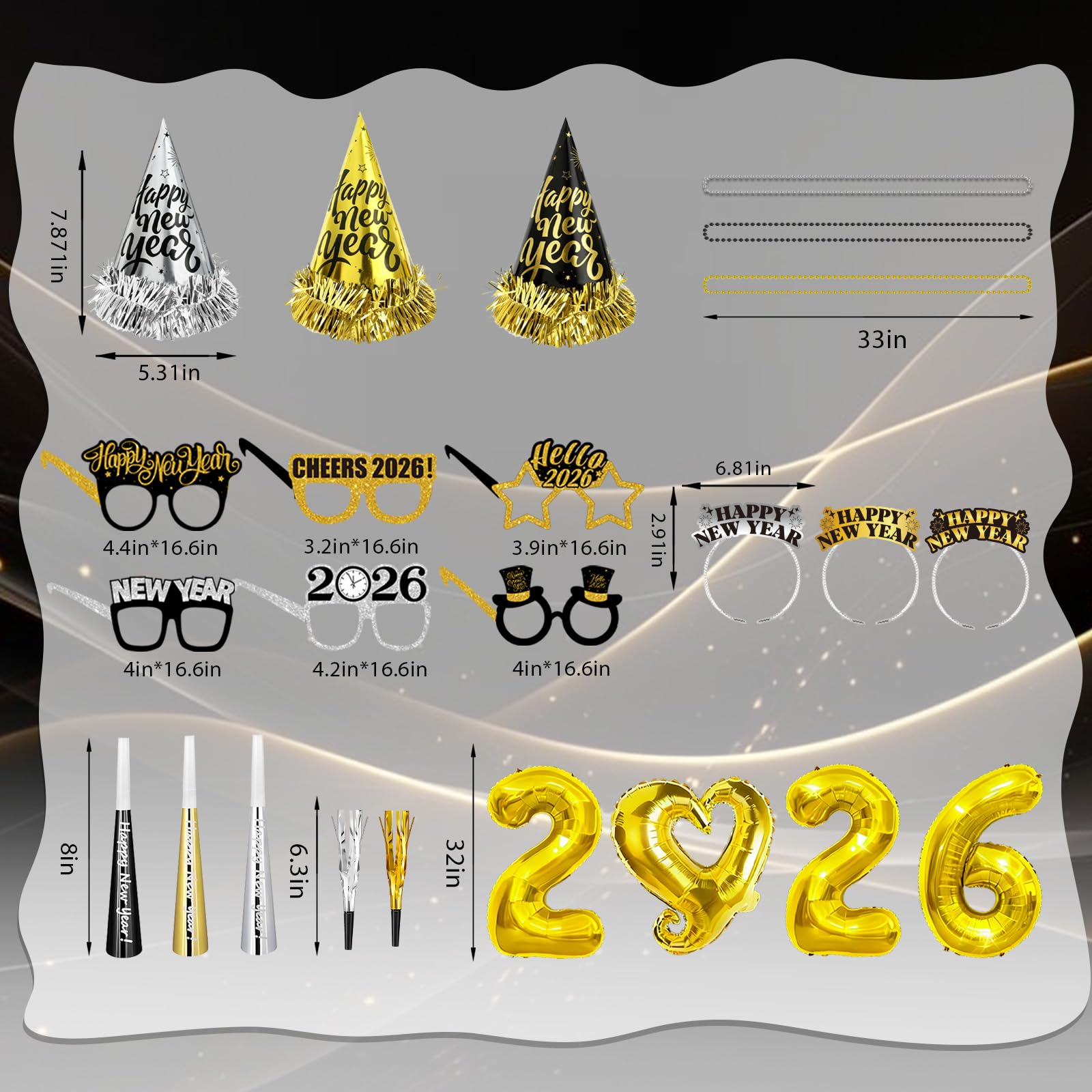 YQUQWN party hat 2026 black-gold elevates countdown celebrations with metallic shine.