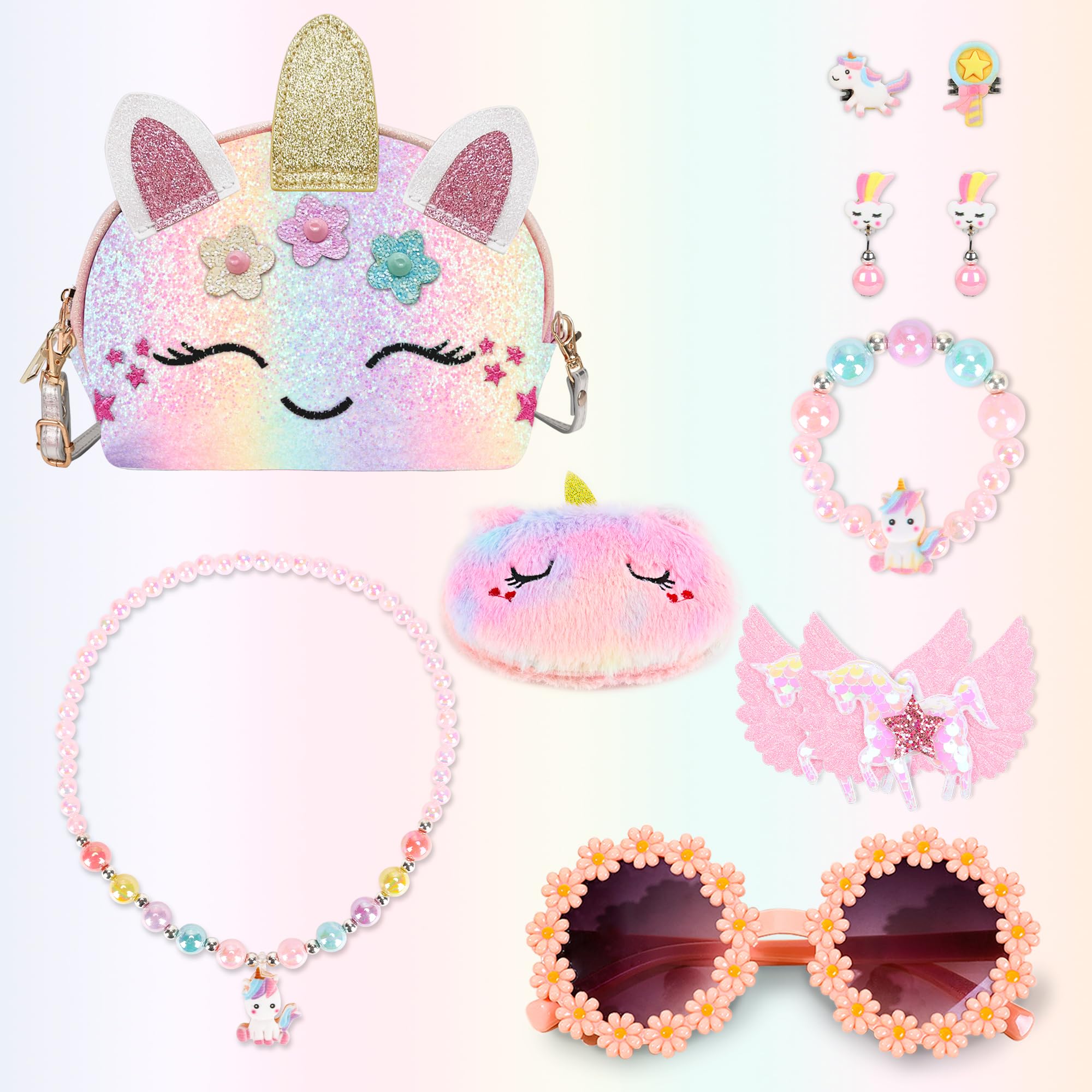 YRUBOHA unicorn purse for girls, makeup compartment highlights storage.