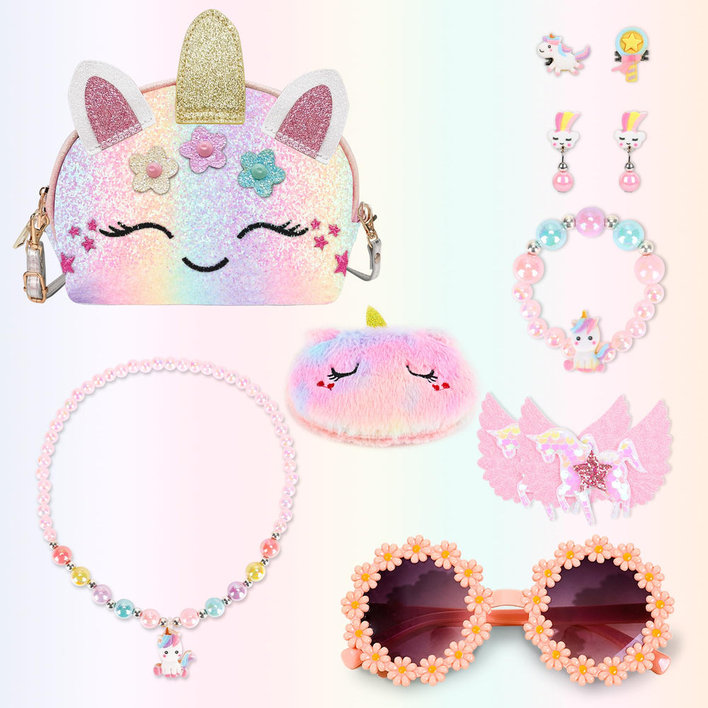 YRUBOHA unicorn purse for girls, makeup compartment highlights storage.