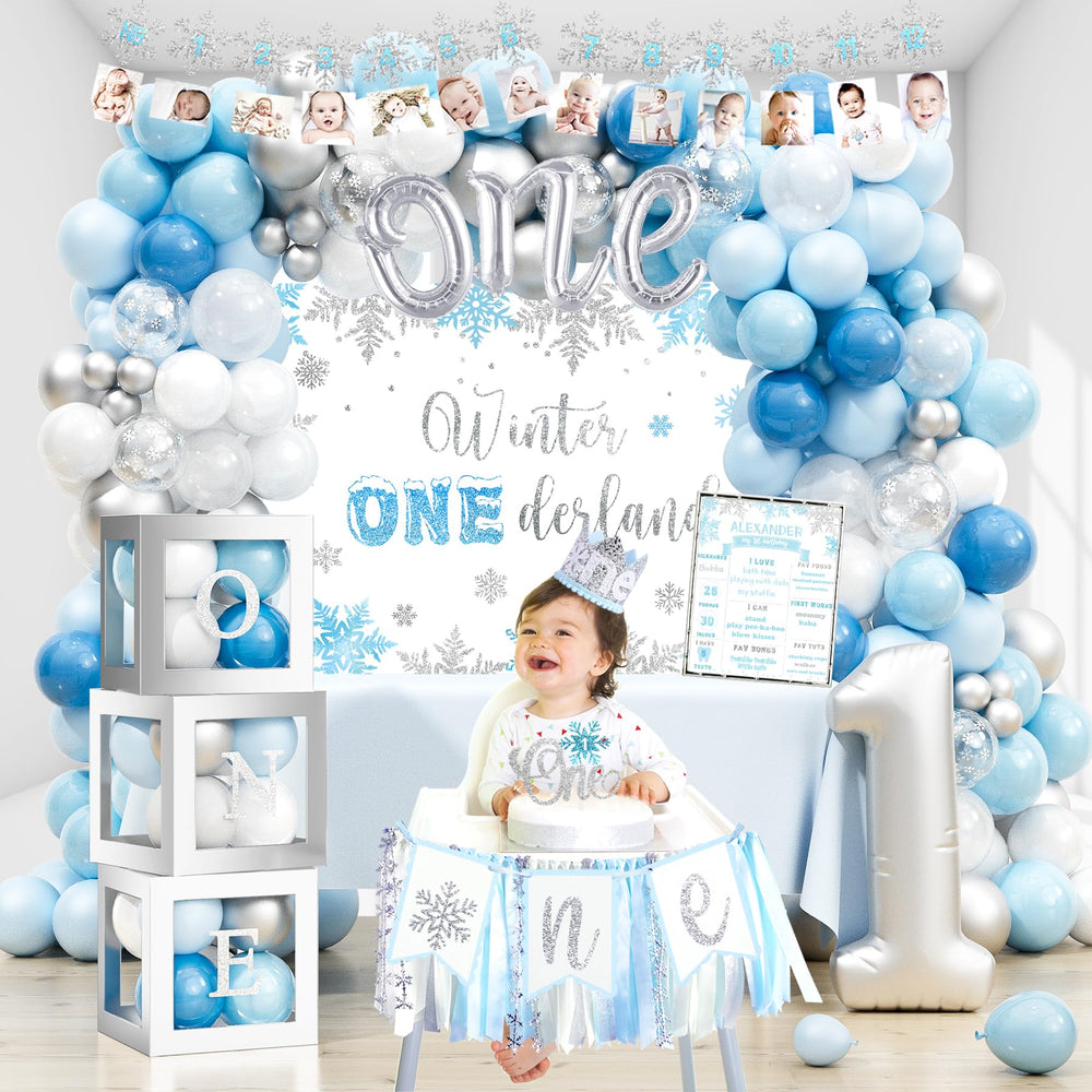 YSHMFEUX Snowflake high chair banner highlights baby's first birthday.