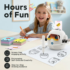 Child drawing with Ytcx.Tech robot promoting focus and imaginative exploration