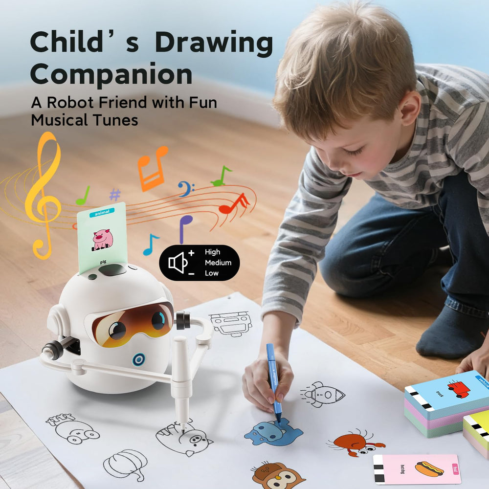 Ytcx.Tech drawing robot with cards demonstrating step-by-step art learning at home