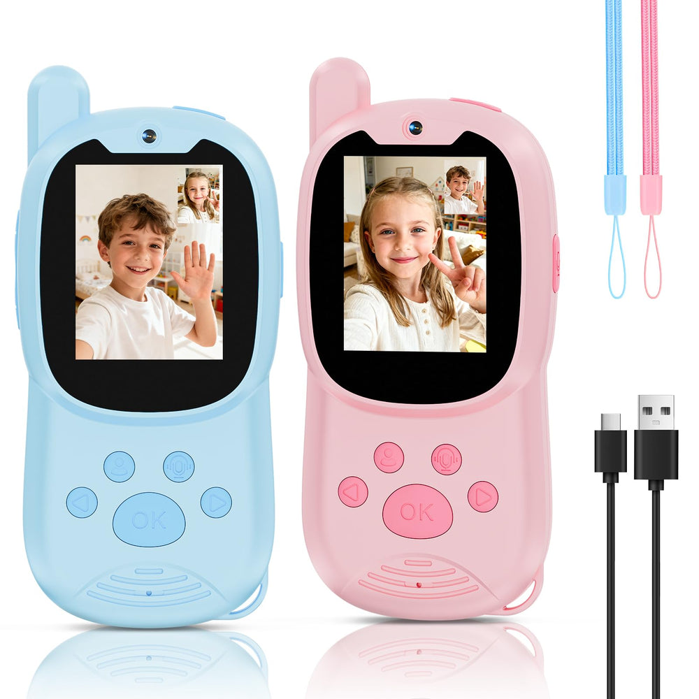 YTETCN kids video walkie talkie blue front view with camera for real time chats