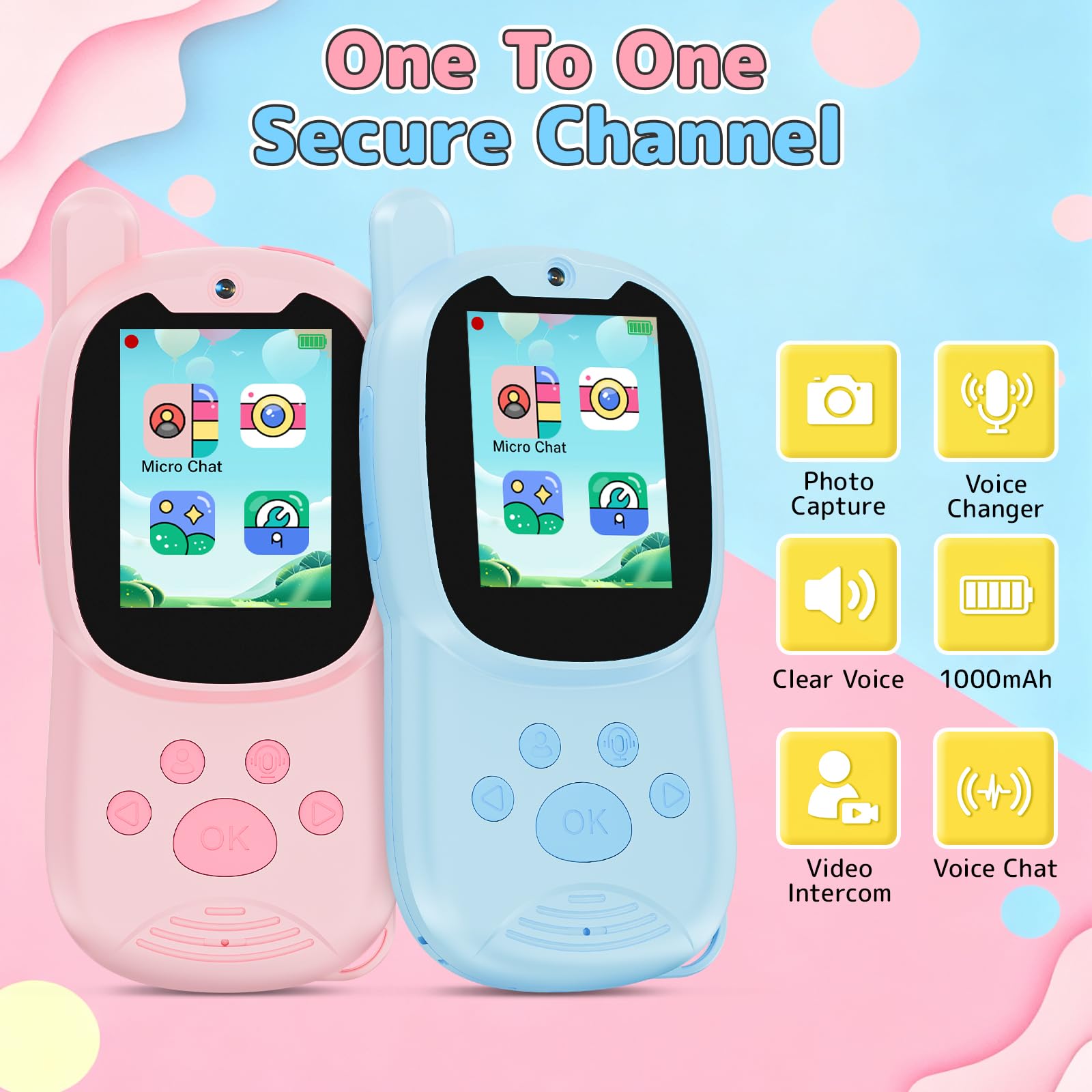 YTETCN kids video walkie talkie pink front view with camera and display