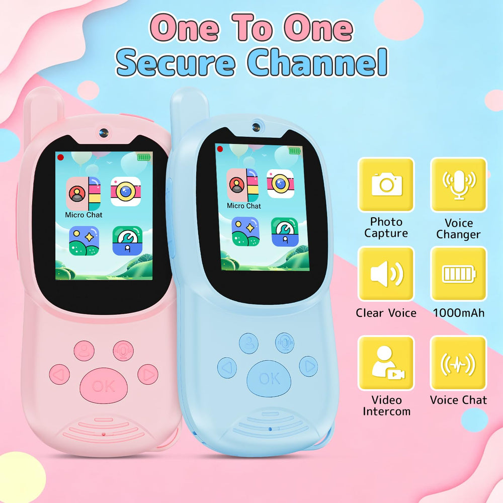 YTETCN kids video walkie talkie pink front view with camera and display
