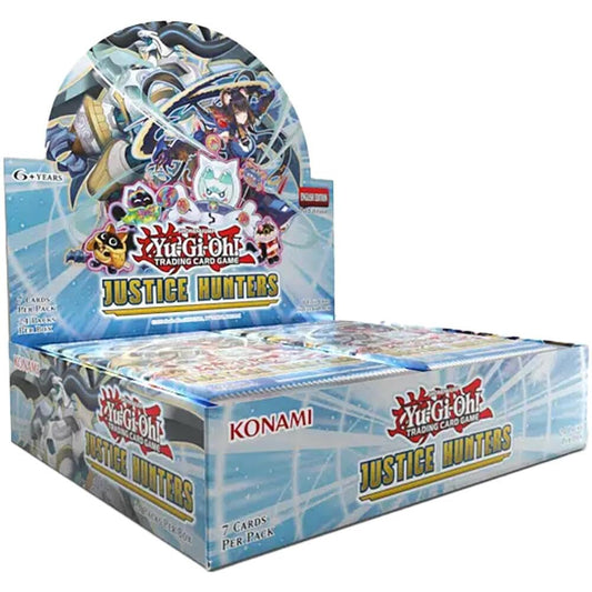 Yu-Gi-Oh! Justice Hunters booster box with foil card, ideal for collectors and players.