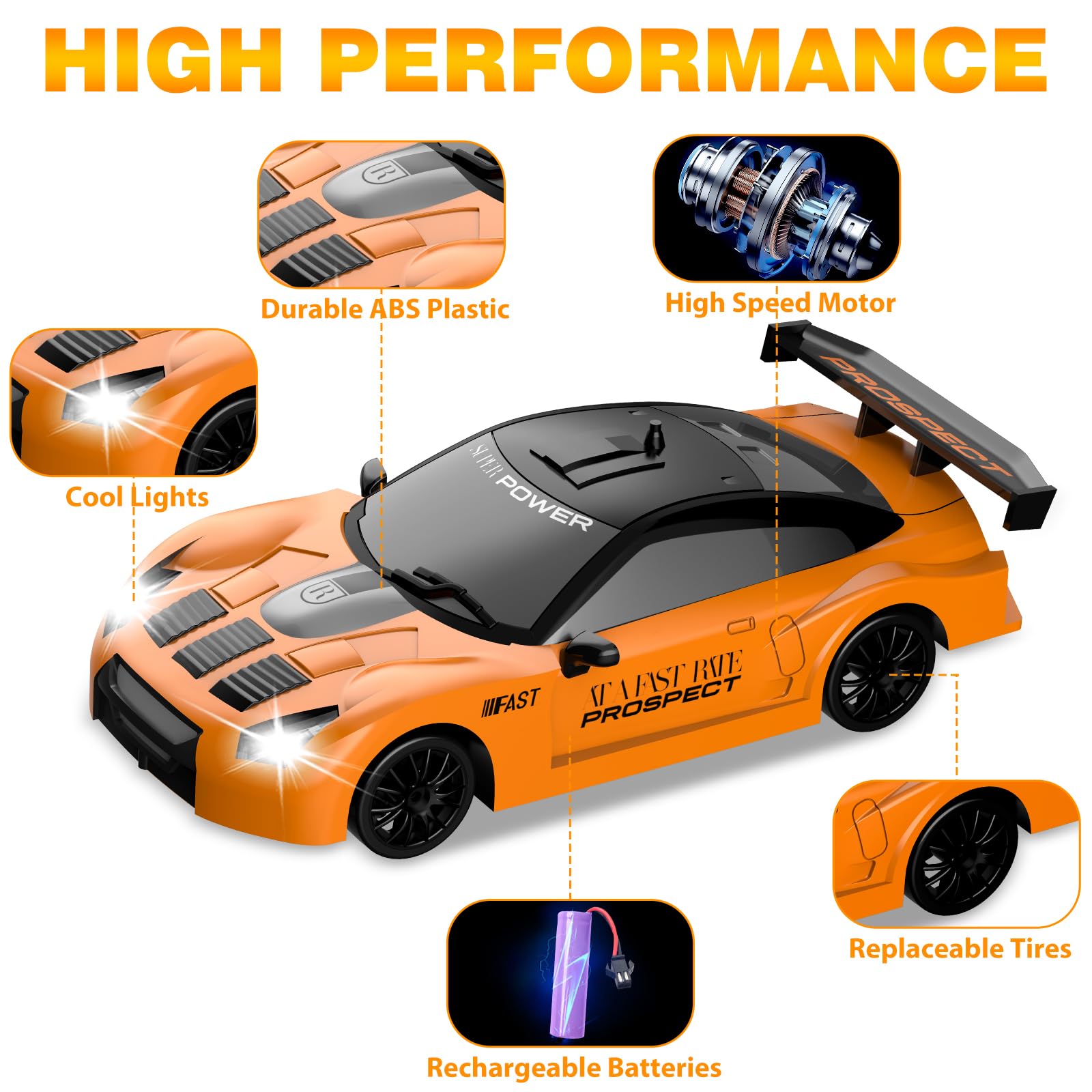 YUAN PLAN RC drift car rear view with durable orange ABS shell