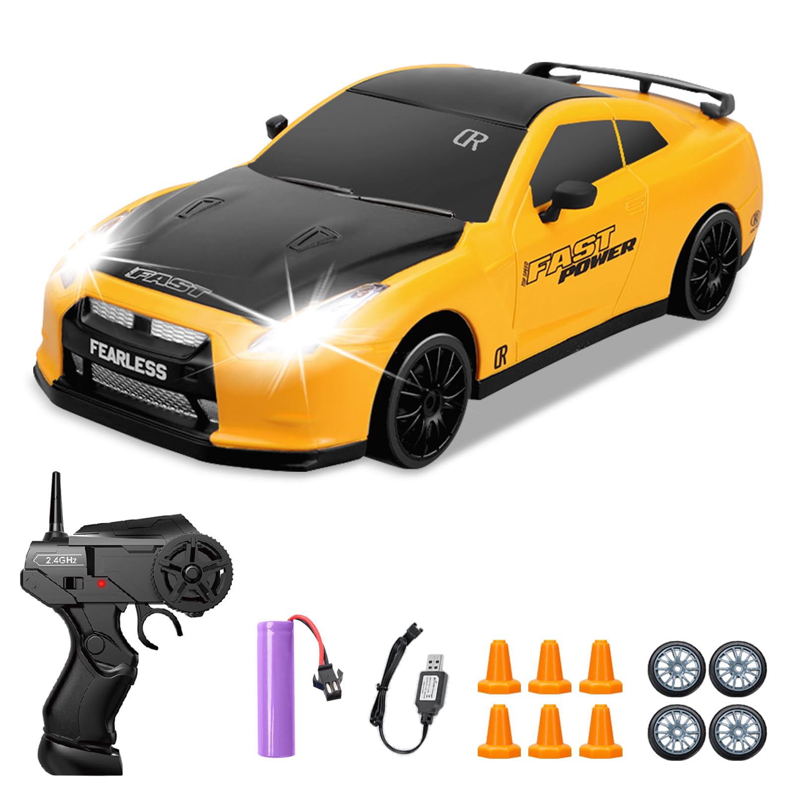 YUAN PLAN RC drift car 1/24 yellow top with LED lights for night fun