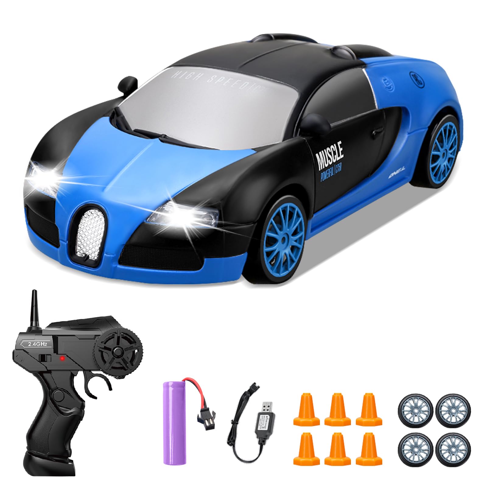 YUAN PLAN RC Drift Car blue front view with vivid LED lights for nighttime practice