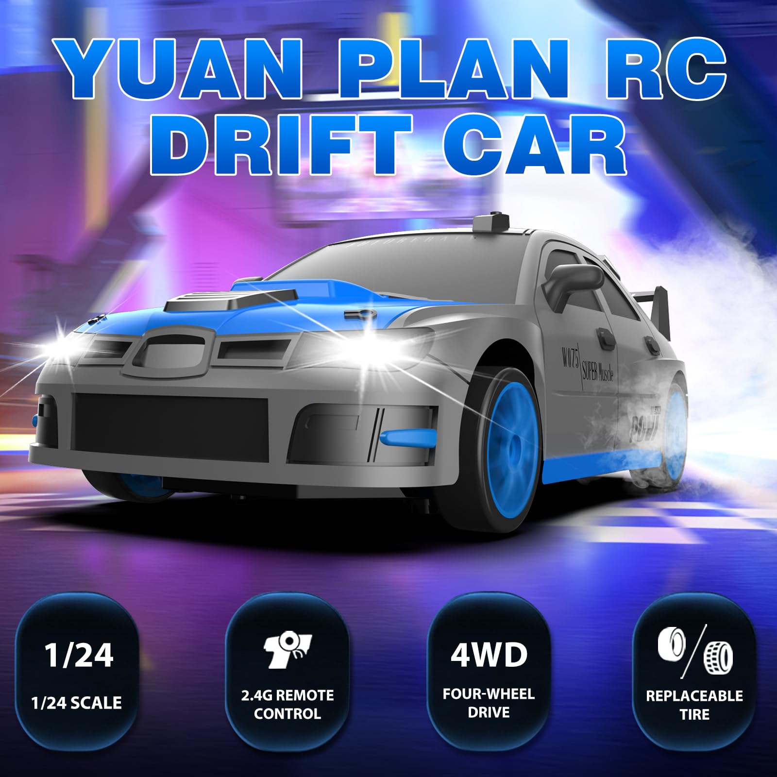 YUAN PLAN RC drift car in drift action, showcases agile handling