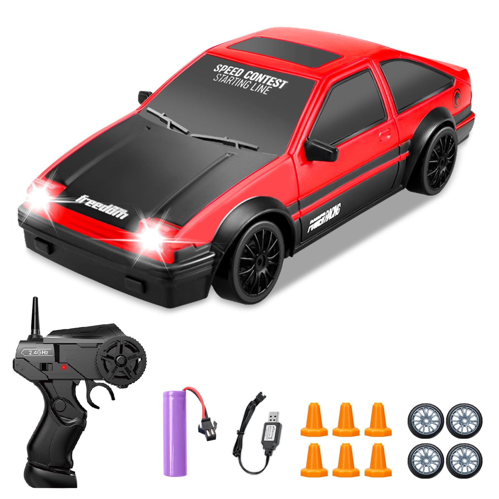 YUAN PLAN RC drift car front view with LED lights for night sessions