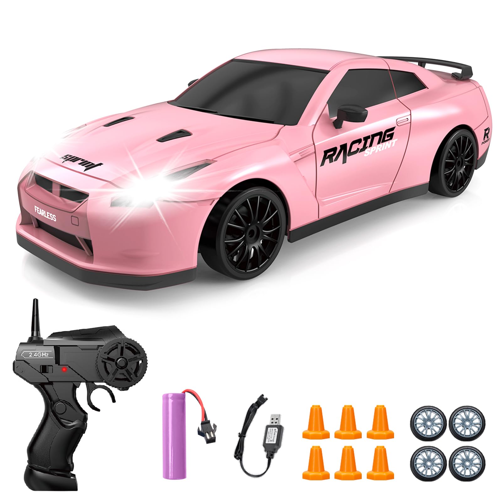 YUAN PLAN RC drift car pink front view with LED lights for low-light fun