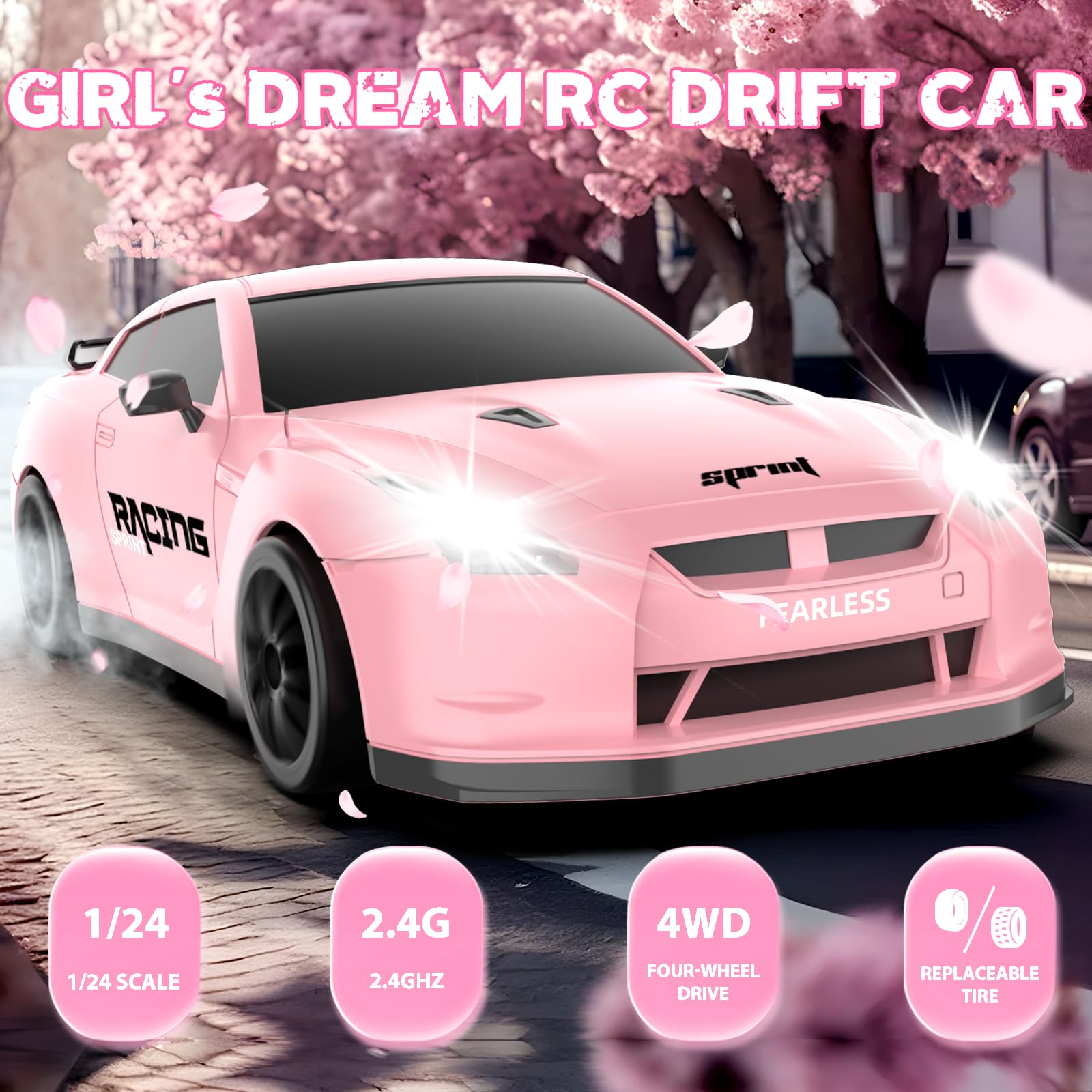 YUAN PLAN pink drift car side view showing drift tires for smooth turning
